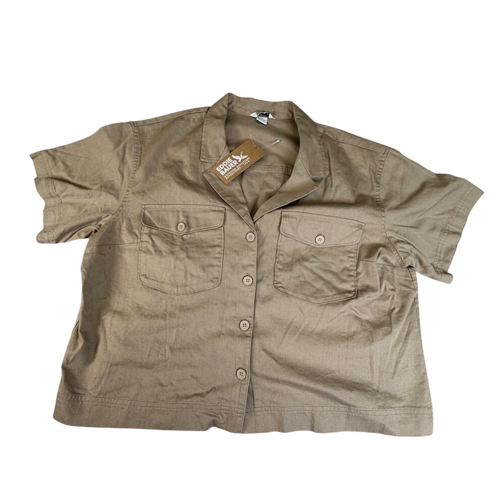 Eddie Bauer Shirt Womens Petite PL Tan 100% Cotton Short Sleeve Button Front